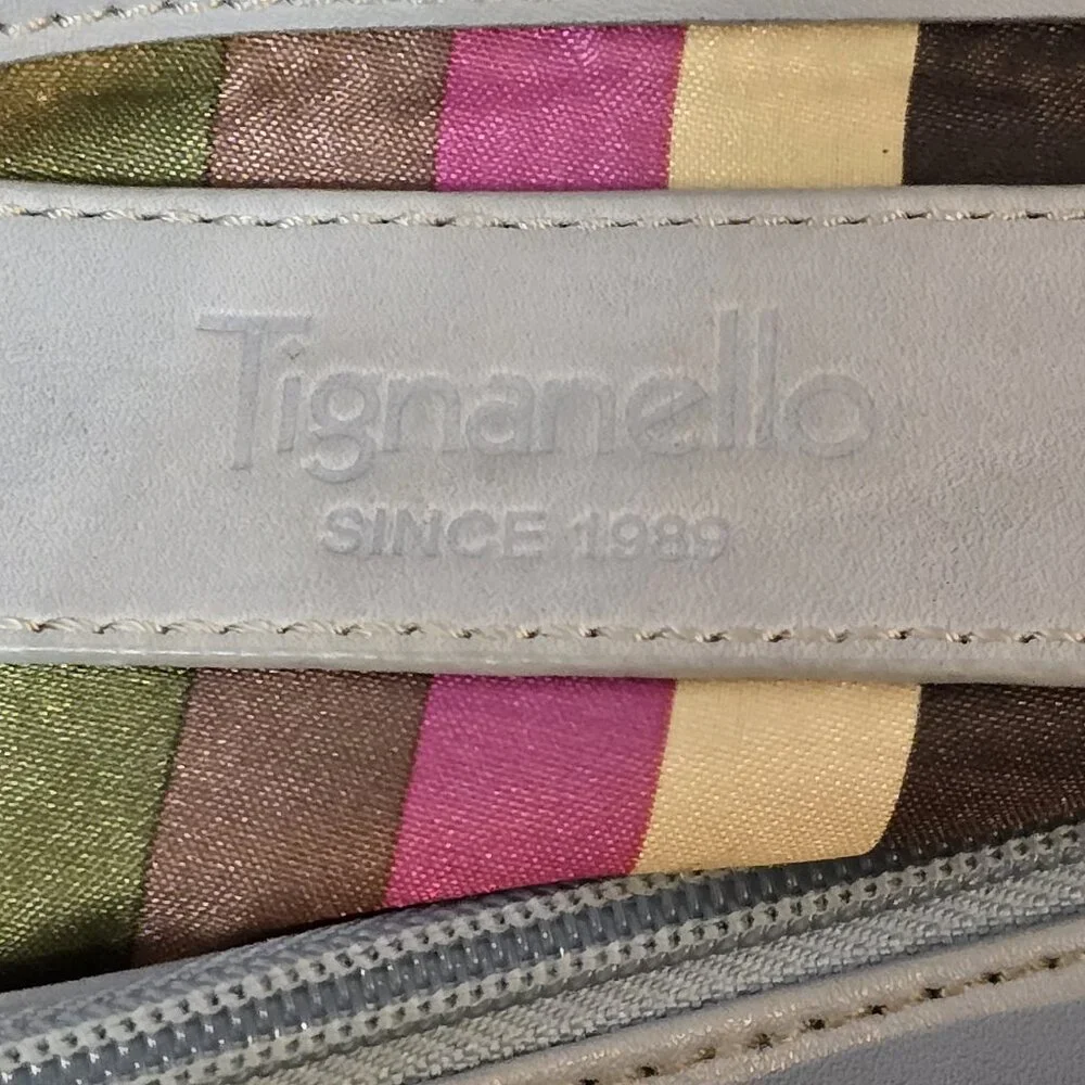 Tignanello Gray Leather Tote Bucket Bag With Striped Interior Double Handles - Picture 5 of 13